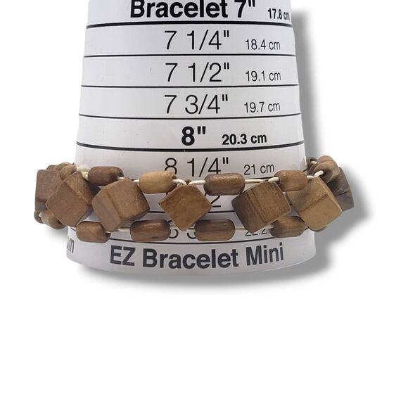 Brown Wood Cube Cylinder Bead Stretch Bracelet Retro Geometric - Picture 6 of 6